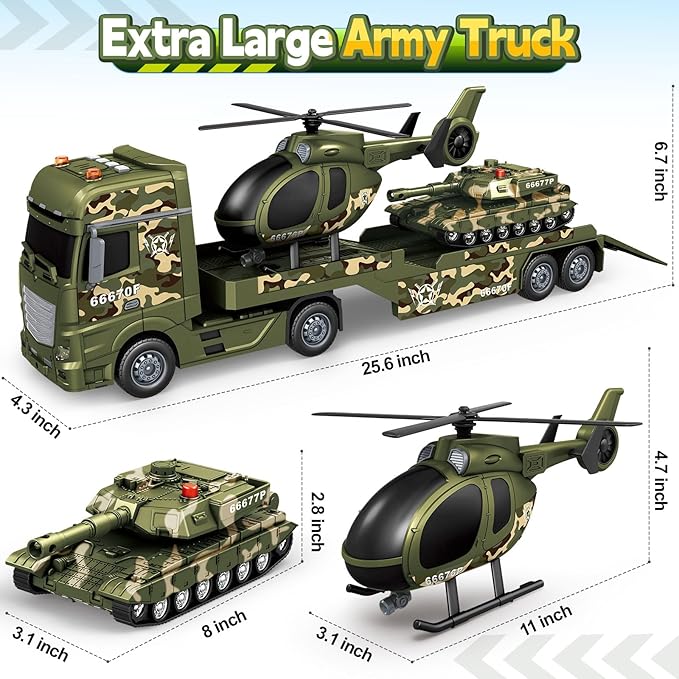 Toddler Boy Toys for 3 4 5 6 7 Years Kids, 25" Semi Army Truck Toy with Helicopters and Tank, Friction Powered Military Toys with Lights and Sounds, Birthday for Boy Girls