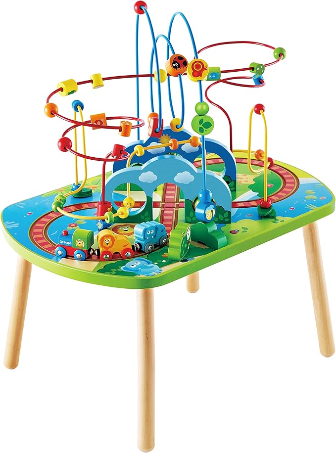 Hape Jungle Adventure Railway Table | Kids Bead Maze Puzzle Table with Accessories, African Scene Graphics, Child Sized Table for Individual and Group Play