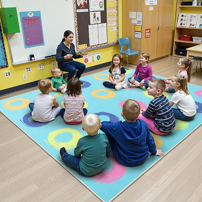 STARUIA Large Classroom Carpet Educational Rug for Kids Room, 6x8.4 Abstract Blue Rug with Colorful Handpainted Circles, Stain-Resistant High-Traffic Kids Area Rug for Playroom Elementary