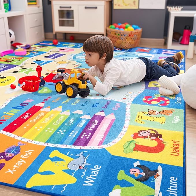 Kids Playroom Rug 4x6 Blue Rugs for Boys Girls Bedroom Child Play Mat Educational and Fun Baby Care Rugs,Learning Rug with ABC Alphabets Animals Shapes No-Slip Carpets for Children Toddler Washable