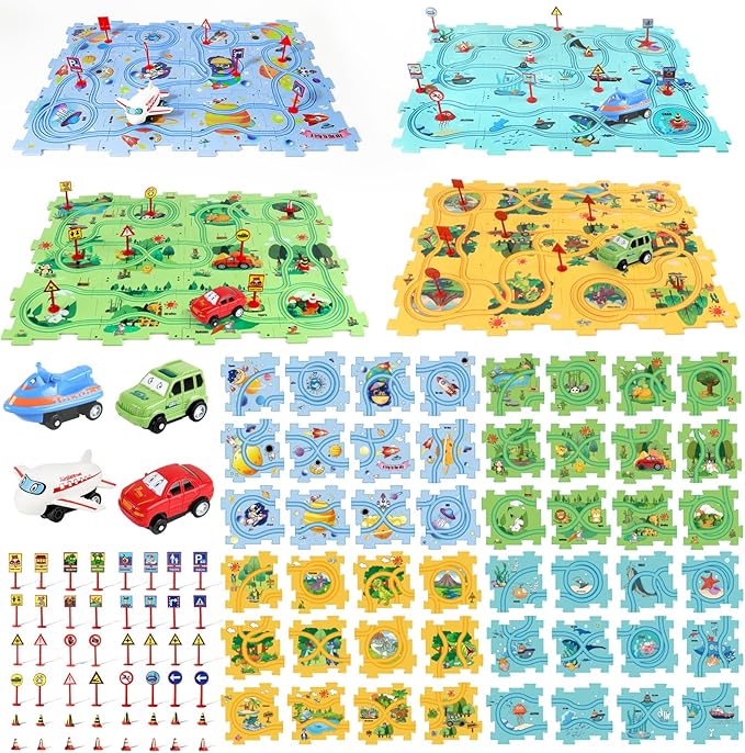 Puzzle Racer Kids Car Track Set, Kids Toys Boys 3-5, Toys for 2 3 4 5 6 Year Old Boys, Toys for Ages 2-4, Montessori Toys for 3+ Year Old, Fat Brain Toys(100Pcs, 4 Themes)