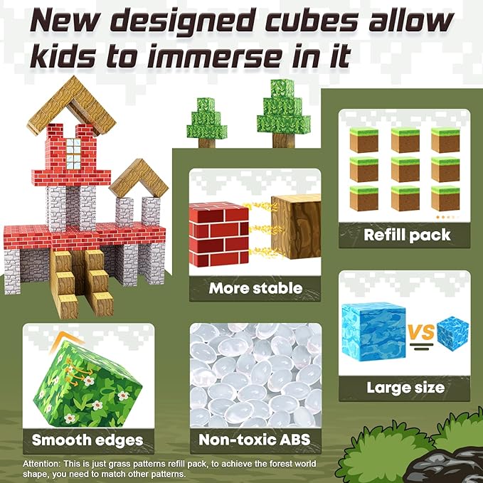 Magnetic Blocks-Build Mine Magnet World Grass Edition, Magnetic Toys for Boys & Girls Age 3-4 4-5 6-8, STEM Montessori Sensory Toys for Toddlers Gifts for 3+ Years Old Girls Boys