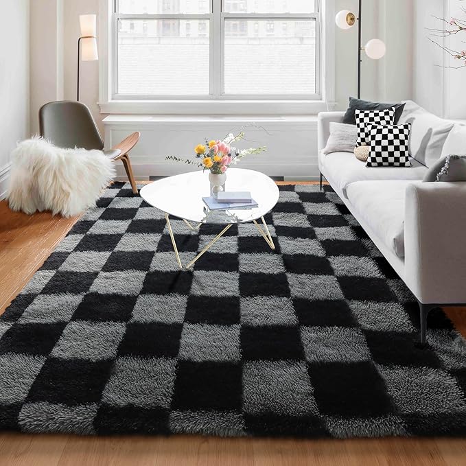 KICMOR Rugs for Living Room 5x7 Black and Grey, Soft Fluffy Checkered Shag Area Rug Furry Shaggy Floor Carpets for Bedroom, Indoor Fuzzy Plush Rug for Teen Kids Boys Girls Room Nursery Home Decor