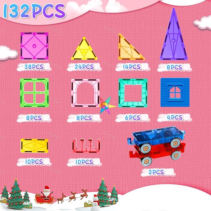 132PCS Magnetic Tiles with 2 Cars Deluxe Set, 3D Magnetic Building Blocks, Preschool Magnetic STEM Toys Sensory Educational Toys for Toddlers Kids 3 4 5 6 7 8-12, Gift for Boys Girls