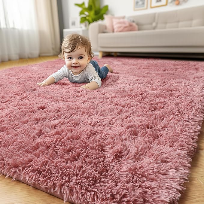 Amdrebio Blush Pink Kids Area Rugs for Girls Bedroom, 5x8 Shaggy Fuzzy Fluffy Kawaii Rugs for Living Room Playroom, Furry Plush Shag Floor Carpet for Nursery Dorm Classroom, Cute Dusty Rose Mauve Rug