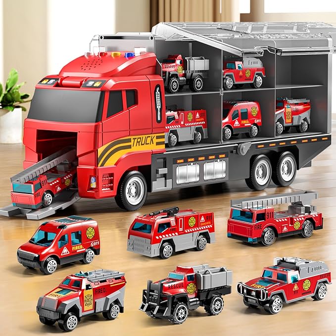 Toddler Boys Toys for 3-5 Years Old, Fire Truck Vehicle Toy Set with Play Mat, Die-Cast Toy Car Carrier Truck for Boys Kids, Birthday Gifts Toys for 3-8+ Year Old Boys