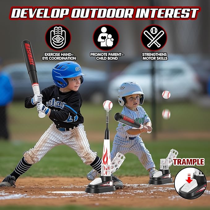 T Ball Set for Kids Toddlers 3-5, Toss and Catch Ball Game Outdoor Toys with Fixed Tee Ball Stand, Baseball Launcher, Softballs and Beginner Glove, Sport Toy Gift Idea for Boys and Girls