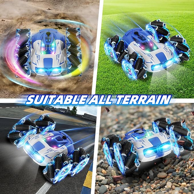 Remote Control Car Drift Stunt Car, 4WD 2.4 GHz Double-Sided 360° Rotating RC Stunt Crawler with LED Lights, Music, and Spray, RC Stunt Cars Toys for Ages4-6 5-7 8-13 Ideal Gift for Boys & Girls