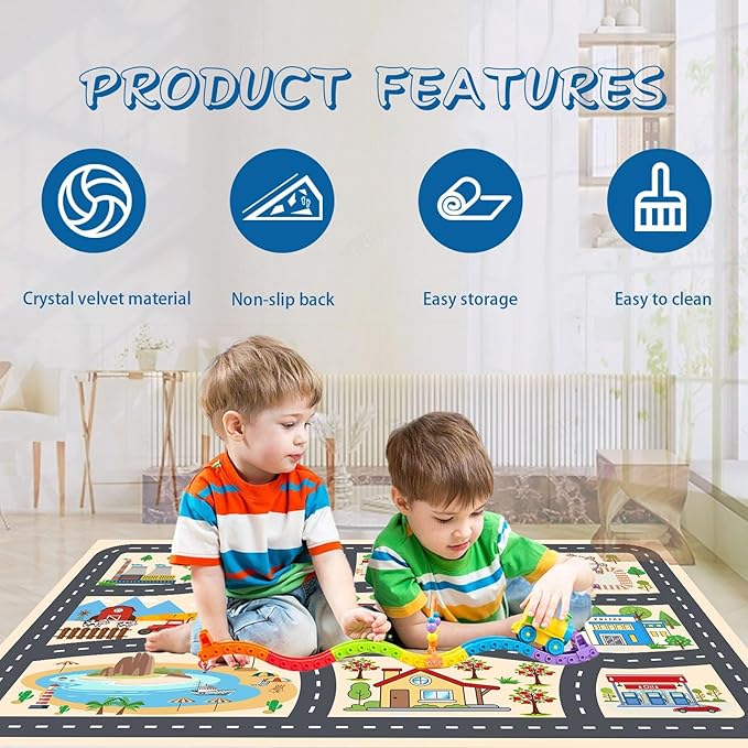 Kids Car Rug Play Mat Carprt for Playroom Classroom, largr Educational Area Rugs with Non-Slip Backing, City Life Play Carpet for Playing Cars Toys Ideal Gift for Children Boy Girl 2.6x3.9ft