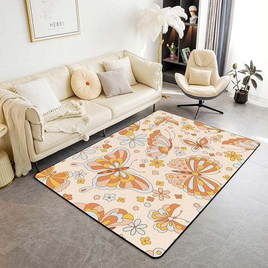 Erosebridal Retro 70S 60S Floral Hippie Area Rugs 4x5 for Kids Girls Cute Groovy Butterfly Flower Power Decorative Rug Boho Natural Flowers Rainbow Garden Botanical Washable Carpet