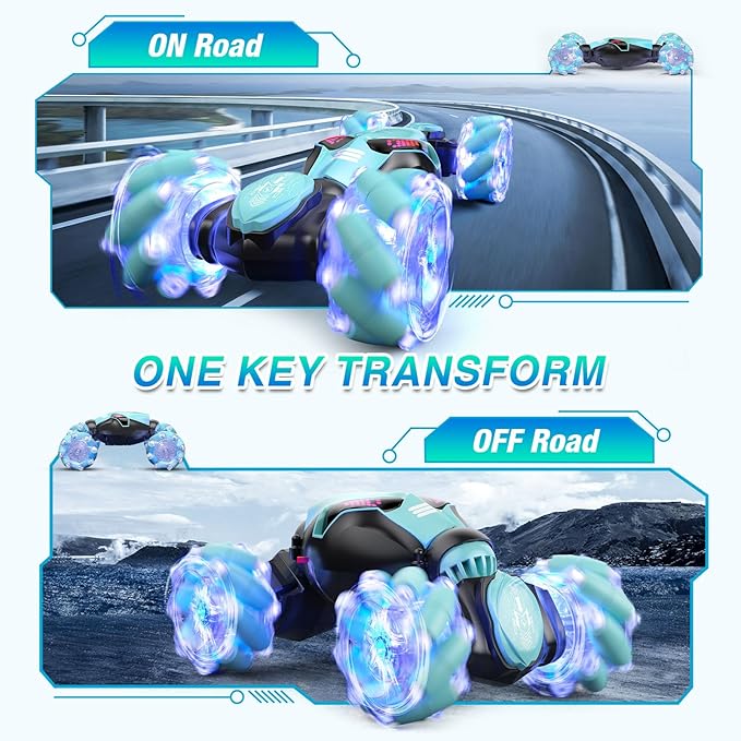 Powerextra LED Gesture RC Car, 4WD Hand Controlled Sensor RC Stunt Car for Age 8+ Year Old Boys & Girls, Double Sided 360° Flips Off Road Remote Control Vehicle Toy with Lights & Music, Sensing Toy