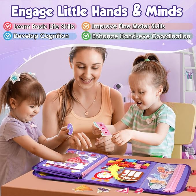 Purple Montessori Busy Board Book for Toddlers 1-3, Montessori Toys for 1-3 Year Old Girl Birthday Gift, Educational Quiet Activity Books for toddlers 2-4 Ages 2-4 Travel Toys for Airplane Car