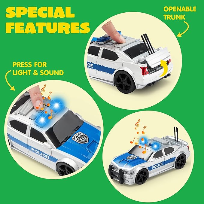 JOYIN 4 Pcs 7" Long Vehicle Toy Set, Toddlers Cars with Lights and Siren Sound, Including Play Police Car, School Bus, Garbage Truck, Ambulance, Birthday Party Gifts Toys for Boys 3-5