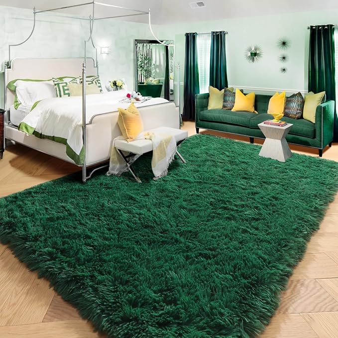 Amdrebio Dark Green Large Living Room Rugs 6x9, Large Fluffy Area Rug for Bedroom, Soft Fuzzy Shag Rug for Kids Playroom, Thick Big Modern Rugs for Living Room Decor, Plush Cool Deep Green Carpet