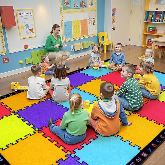 LIVEBOX Classroom Rugs Elementary for Kids, Washable School Learning Area Rugs, Colorful Preschool Children's Classroom Carpet Non-Slip Playroom Rug for Home Learning, 13'x7'5"(Seats-24)