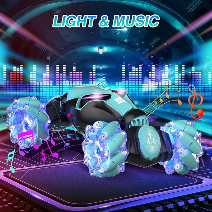 Powerextra LED Gesture RC Car, 4WD Hand Controlled Sensor RC Stunt Car for Age 8+ Year Old Boys & Girls, Double Sided 360° Flips Off Road Remote Control Vehicle Toy with Lights & Music, Sensing Toy