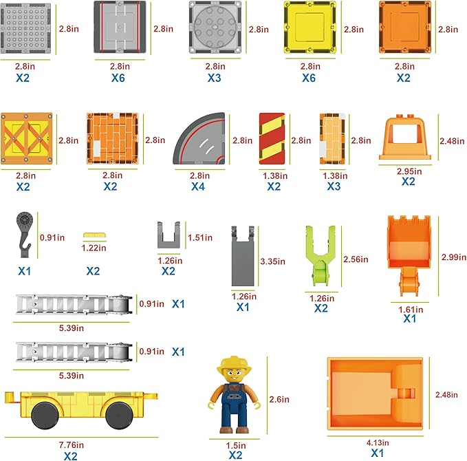 PicassoTiles Magnet Tile Construction Themed Building Blocks 5-in-1 Crane, Ladder, Dump Truck, Excavator, and Backhoe Action Figures, 2 Car Base Vehicles Magnetic Tiles Learning Toys Kids Ages3+ PTU06