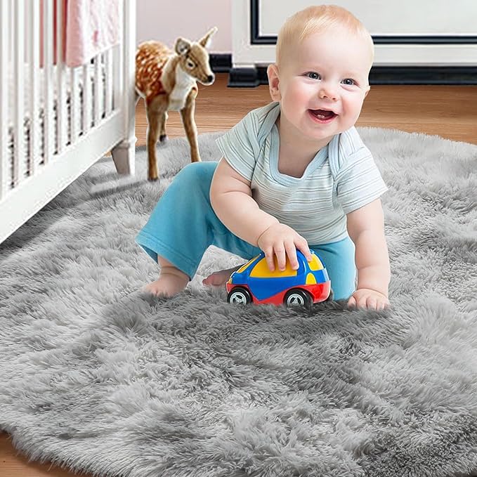 ONASAR Tie-Dyed Light Grey Round Area Rugs 6ft, Ultra Soft Bedroom Circle Rug for Kids Girls Boys Teen Room, Fluffy Plush Shaggy Carpet Floor Mats for Dorm Nursery Living Room Playroom Home Decor