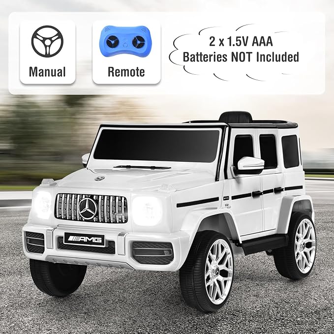 OLAKIDS 12V Kids Ride On Car, Licensed Mercedes Benz G63 Electric Vehicle with Remote Control, Double Open Doors, Music, Bluetooth, 2 Speeds, Wheels Suspension, Battery Powered Driving Toy (White)