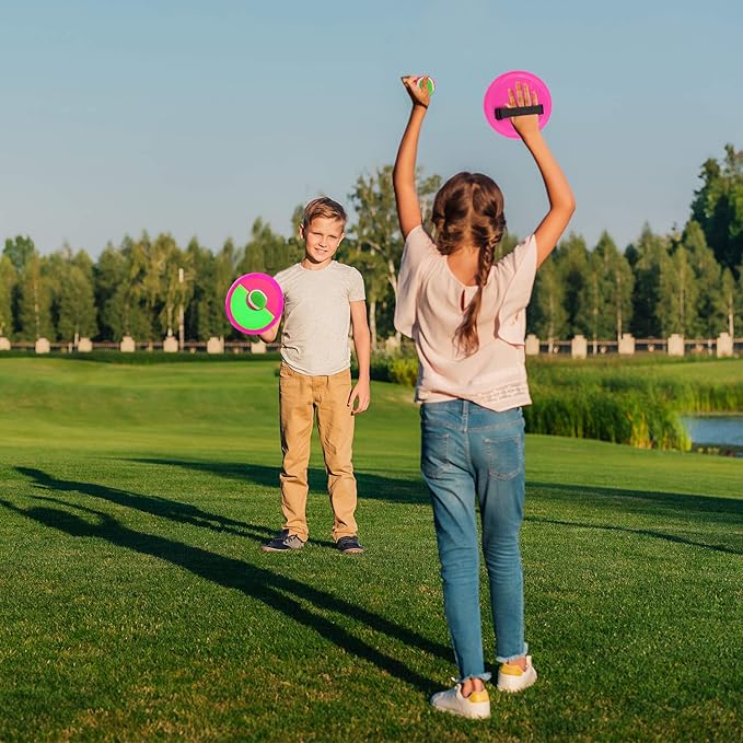 Kids Outdoor Toys - Toss and Catch Game Set, Outside Yard Camping Beach Pool Toys Games for Boys Girls 3 4 5 6 7 8 9 10 Year Old, 4 Paddles 4 Balls (Pink+Pink)