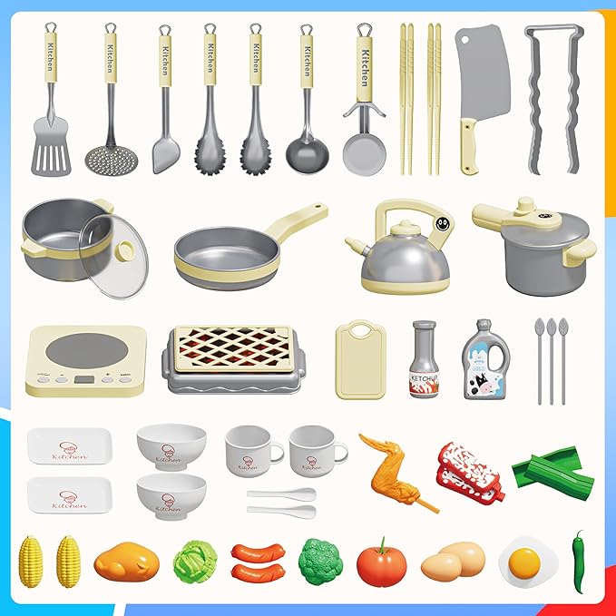 Play Kitchen Playset for Kids, Toy Kitchen Pretend Play Food BBQ Sets for Girls and Boys Age 3+, Play Kitchen Accessories with Play Pots Pans Vegetables, Birthday Gift for Children