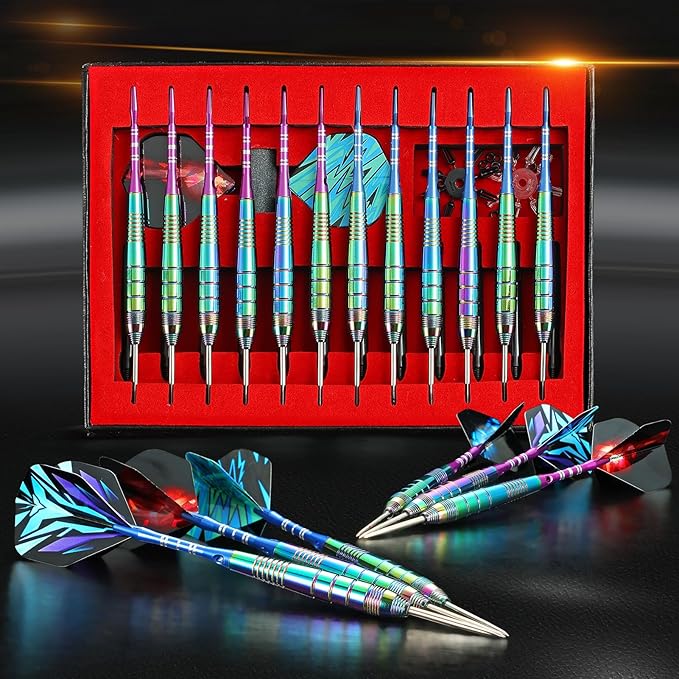 Darts Metal Tip Set Professional Metal Darts for Dartboard Steel Tip Darts with Nonslip Iron Barrel Aluminum Dart Shafts,Extra Flights,Dart Sharpener,Gift Box