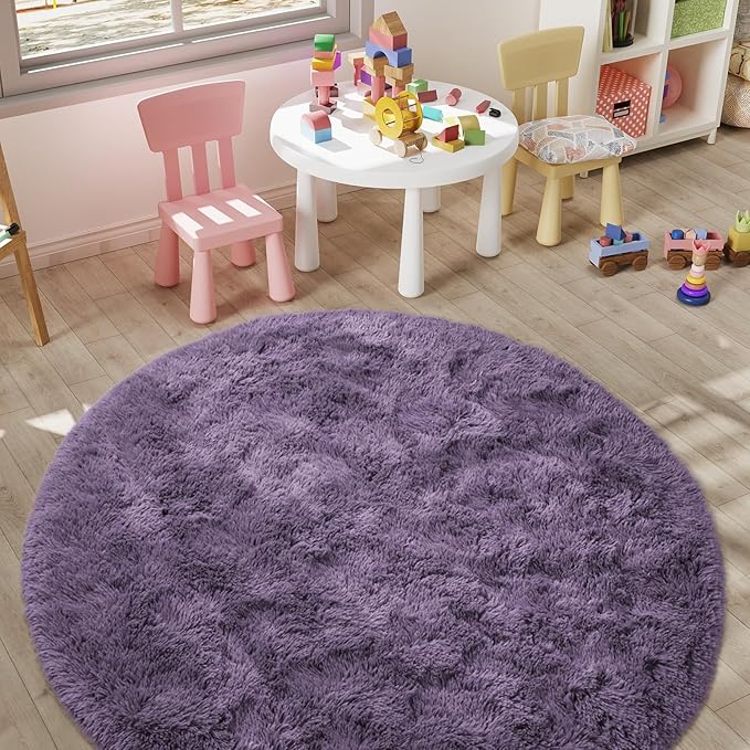 LOCHAS Luxury Round Fluffy Area Rugs for Bedroom Kids Girls Room Nursery, Super Soft Circle Rug, Cute Shaggy Carpet for Children Living Room, 5x5 Feet Grey Purple