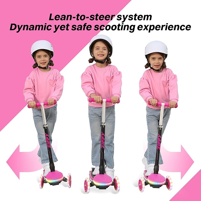 ZIFFY Kids Scooter for Boys & Girls LED Light-Up Wheels, 4 Adjustable Height Handlebars, and Lean-to-Steer Design with Anti-Slip Wide Deck for Stability - Up to 110LBS