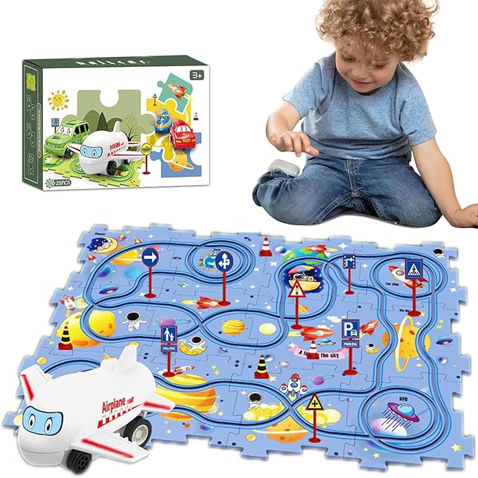 25PCS Puzzle Racer Kids Car Track Set, Space Jigsaw Puzzle Racer Car Track Set Puzzle Track Car Play Set Preschool Gifts for Kids Christmas Birthday Gift for Boys Girls
