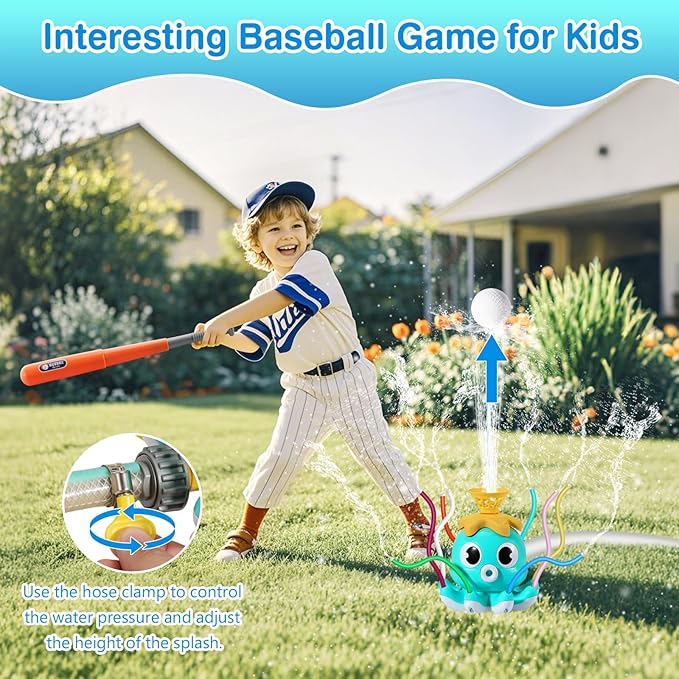 MoKo Water Sprinkler Baseball Toy for Kids Outdoor Play, 2 in 1 Octopus Baseball Water Games for Boys Girls, Yard Sprayer Sprinkler, Toddler Outdoor Toys for Backyard Garden Lawn Pool, Sky Blu Octopus