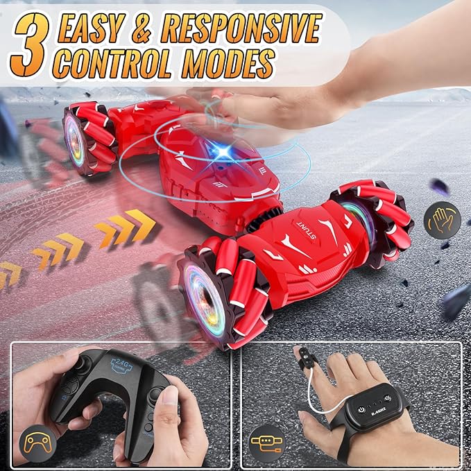 Pristar RC Stunt Cars, Gesture Sensing Remote Car Toys for 6-12 Boys Girls, 2.4Ghz Hand Remote Control Car with Spray Lights Music 360° Rotation 4WD Off-Road, Birthday Xmas Gifts for Kids Age 6-12