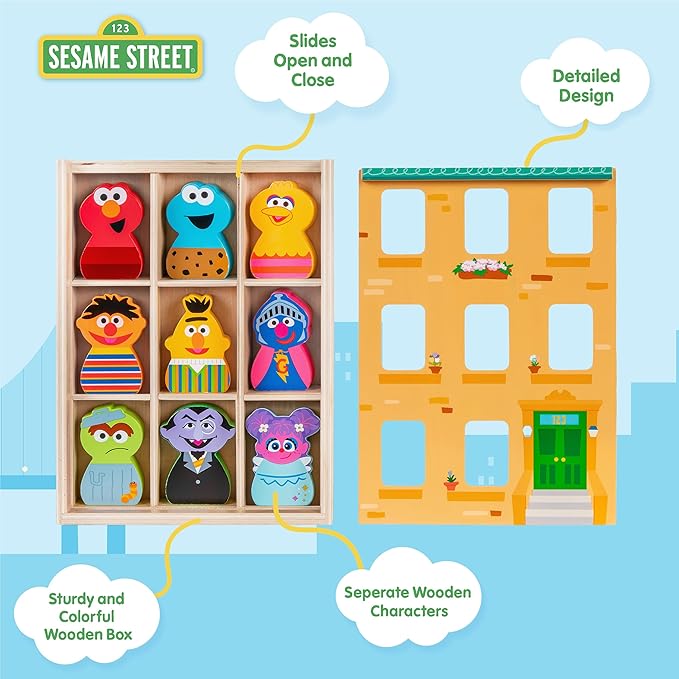 KIDS PREFERRED 123 Sesame Street Wood Brownstone Building Mix and Match Wooden Play Set Puzzle with Storage Case, Toddler Sorting and Matching Puzzles