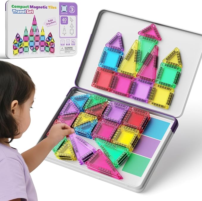 Mini Magnetic Tiles with Iron Box, 40PCS Travel Size Magnet Building Blocks Toy Set, Protable Construction Block Sensory Toys Preschool Toddler Boy Girls Age 3+ STEM Educational Learning Kit