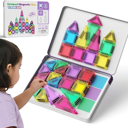 Mini Magnetic Tiles with Iron Box, 40PCS Travel Size Magnet Building Blocks Toy Set, Protable Construction Block Sensory Toys Preschool Toddler Boy Girls Age 3+ STEM Educational Learning Kit