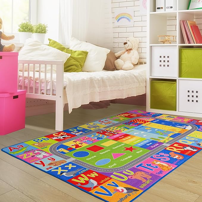 Kids Rug for Playroom Classroom, ABC Alphabet Numbers Play Toddlers Rugs, 4x6 Learning Educational Bedroom Floor Mat, Washable Baby Carpet for Boys Room, Nursery, Preschool, Daycare
