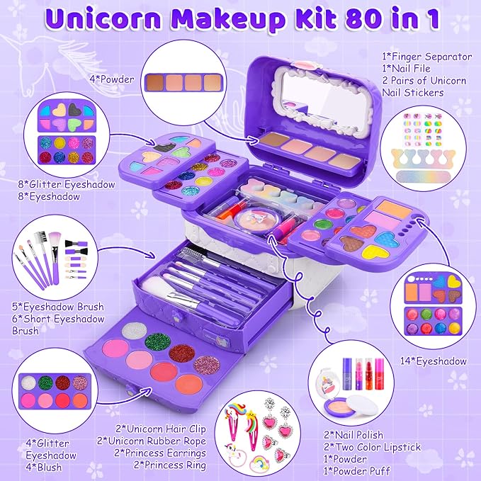 80 in 1 Kids Makeup Set, Washable Kids Makeup Sets Girls Toys, Pretend Play Toy for Dress Up with Toy Case Christmas & Birthday Gifts for Girls Age 3-12 Kids Toddlers, Purple