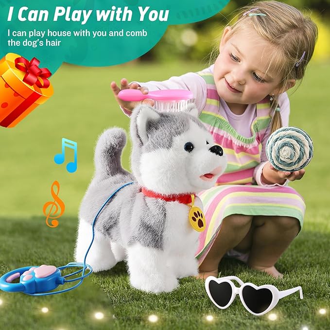 Husky Walking Barking Dog for Kids Interactive Musical Puppy Robot Repeats What You Say, Realistic Licking Tongue Wagging Tail Remote Control Toddler Toys for Girls and Boys Birthday Gifts