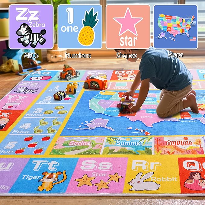 Kids Rugs for Playroom - Soft & Non-Slip 8x10 Feet Educational Rug for Learning ABC Alphabet, Numbers, Shapes & Map, Washable Classroom Rug for Toddler Nursery & Kids Room Decor