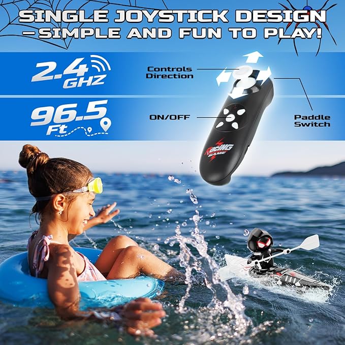 DEERC Remote Control Boat for Kids,RC Spider Kayak Boat Toys for Pool,Lake,Bathtub with Light Summer Outdoor Water Toys Never Capsize Gift for Kids Boys Girls