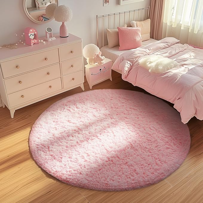 Ophanie Round Rugs 5Ft Pink Circle Area Rug, Fluffy Fuzzy Bedroom Carpet, Plush Soft Shaggy Indoor Floor Kawaii Living Room Rugs for Kids, Cute Room Decor for Teen Girls Home Decor Aesthetic, Nursery