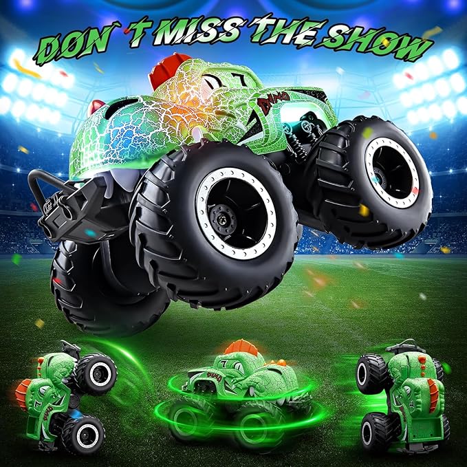Amphibious Monster Truck Toys, 1:20 Waterproof Dinosaur Monster Trucks for Boys Age 4-7, 2.4GHz All Terrain RC Cars with 2 Batteries, 360° Rotating Stunt RC Car Toy Birthday Gift for Kids 3-5