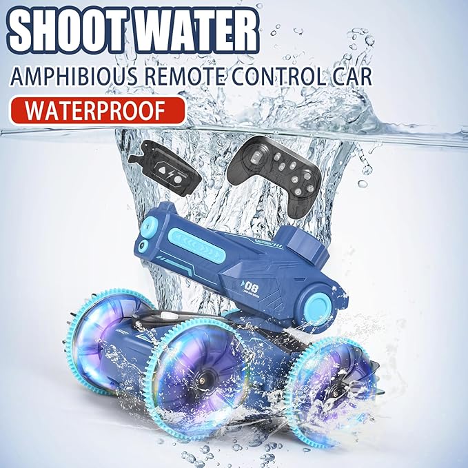 3-in-1 Remote Control Car, RC Boat & Water Gun - Amphibious RC Car for Land & Water, Adjustable Speed, Waterproof, Perfect Boys Toys 4-12 Years Old boy Gifts for Pool Beach, Summer Fun-Blue