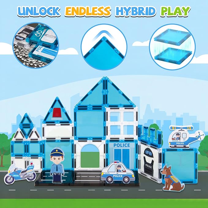 cossy Magnetic Tiles Police Set, Magnetiles with Policeman, Magnetic Tiles for Kids Ages 4-8, STEM Toys, Magnet Blocks for Boys and Girls, Creative Building Toys, Police