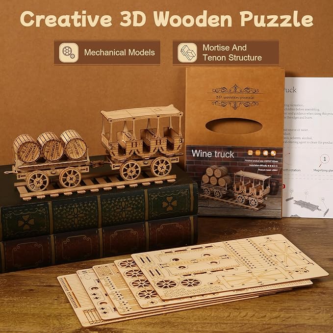 3D Wooden Puzzle for Adults, Mechanical Wine Truck Model, DIY Vehicle Model Building Kit Handicraft Wood Craft Hobbies Toy, Birthday for Hobbyist 14+ Family Women Men, 278 Pcs