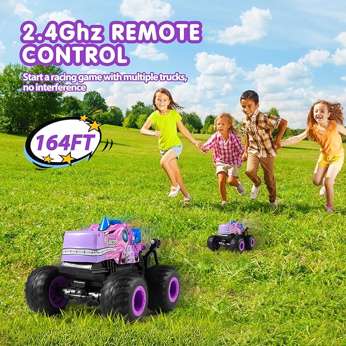 Remote Control Car, 2.4Ghz All Terrain Pony Monster Truck Toys, RC Truck with Music, 3 Lighting Effects, 360 Stunt Capable, All Included Ready to Run, Toy Gifts for Boys and Girls (Pink)
