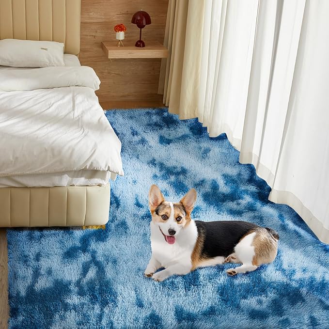 Ultra Soft Rug for Living Room, 3X5 Fluffy Shag Area Rug for Bedroom, Modern Shaggy Carpets Fuzzy Rug for Teens Dorm Nursery Home Decor Aesthetic, Upgrade Anti-Skid Durable, Tie-Dyed Blue Grey
