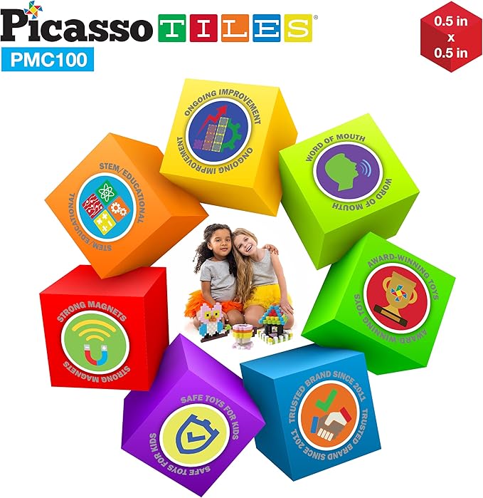 PicassoTiles 0.5” Pixel Magnetic Puzzle Cube 100 Piece Mix & Match Cubes Sensory Toys STEAM Education Learning Building Block Magnets Children Construction Toy Set Stacking Magnet Creative Kit PMC100