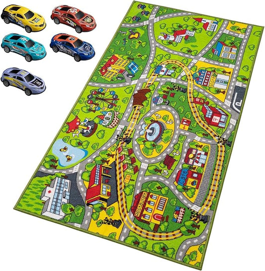 Booooom Jackson City Playmat Rug, Green, 60 x 32 inches, Non-Slip, Machine Washable, Compatible with Hot Wheels and Matchbox Cars, Ideal for Kids Room or Playroom