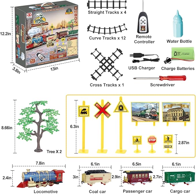 JUQU Train Set for Boys -Remote Control Train Toys-Electric Train w/Smokes, Steam Locomotive w/Lights & Sound, Cargo Car and Tracks, Rechargeable Battery Christmas Toy Train for Age 3 4 5 6 7 8+ Kids