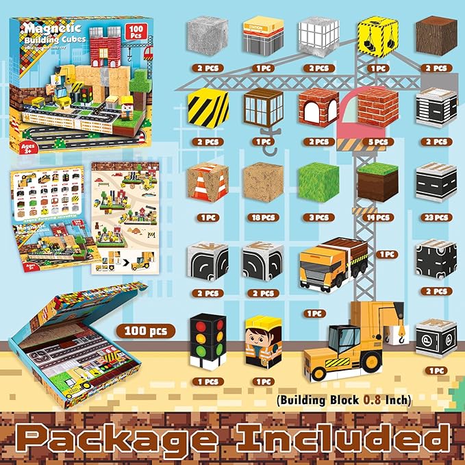 Magnetic Blocks-100PCS Magnetic Building Blocks, Magnetic Blocks Road with Car STEM Toddler Kids Toys, Construction Toys for Kids Ages 3+, Christmas Birthday Gifts for Boys & Girls
